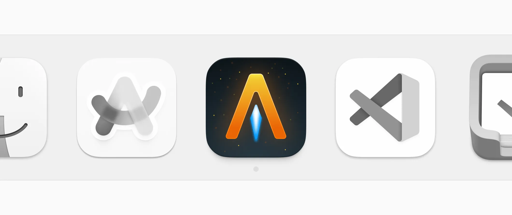 A macOS icon for Alacritty, a terminal emulator. The design is an invertd V with a yellow and orange gradient fill. There is a blue and white diamond shape between the arms of the V, connoting something like a rocket exhaust. There are dots like stars in the background.