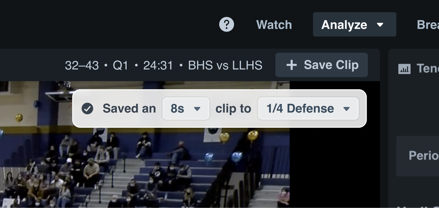 A notice UI element indicating that an eight second clip has been saved to a playlist called '1/4 Defense'.