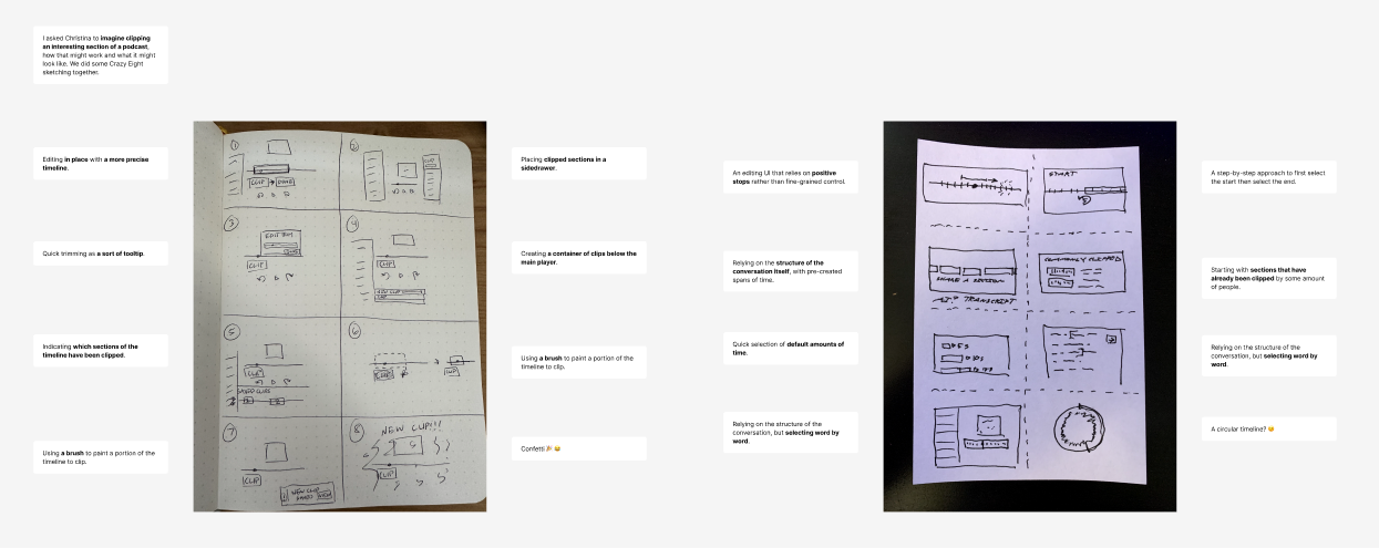 Two papers, each having eight different sketches of UIs for the curation workflow. There are several white digital note cards with text next to each of the papers.