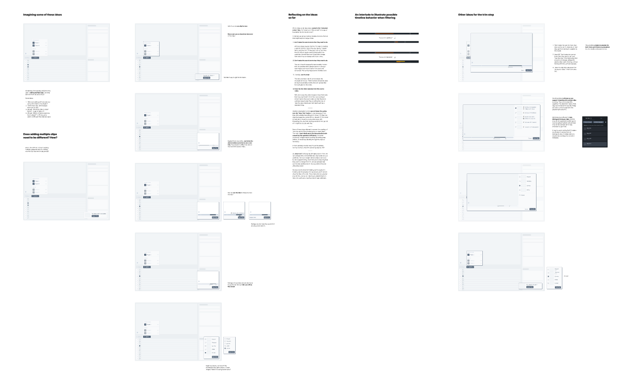 A Figma board showing several low-visual-fidelity wireframes of the curation workflow. There are also some pieces of longer form text visible.