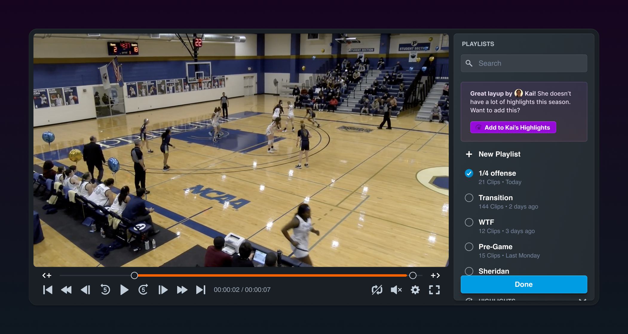 A screenshot of the Curation interface, showing a video player on the left, and a list of playlists to select on the right. Above the lists of playlists is a call-to-action to add this clip to an athlete's highlights.